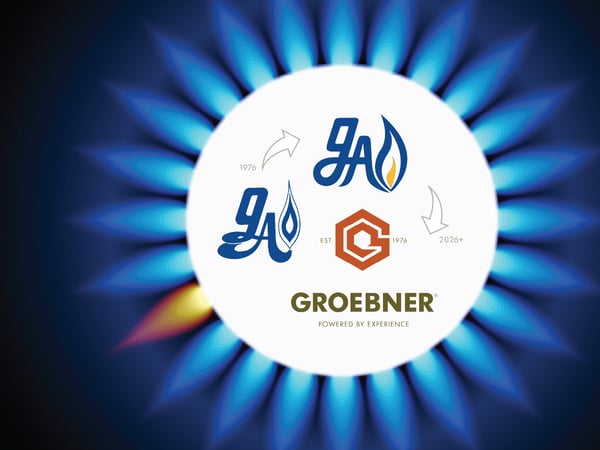 Original logo (1976) and new logo (2026+) displayed over a blue flamed burner